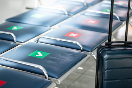 Suitcase luggage with social distancing seat in airport terminal. Correct and cross guidance symbol...