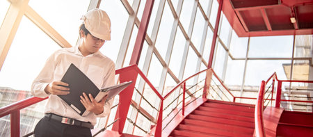 Asian civil engineer or construction worker man wearing protective safety helmet holding document...