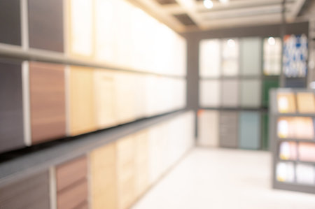 Abstract blur material showcase department background. Blurred furniture store for backdrop or design element. Home decoration and improvement conceptの写真素材