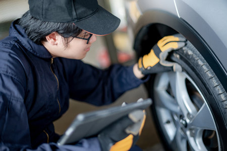Asian auto mechanic holding digital tablet checking car wheel and tire in auto service garage. Mechanical maintenance engineer working in automotive industry. Automobile servicing and repair conceptの写真素材