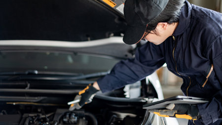 Asian auto mechanic holding digital tablet checking car engine under bonnet hood in auto service garage. Mechanical maintenance engineer working in automotive industry. Automobile servicing and repairの写真素材