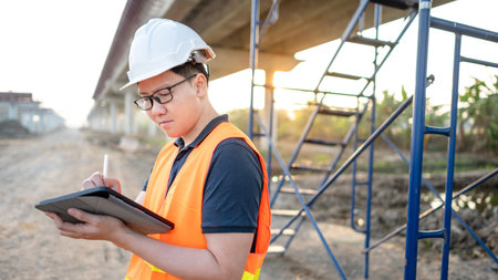 Smart Asian worker man or male civil engineer with protective safety helmet and reflective vest...