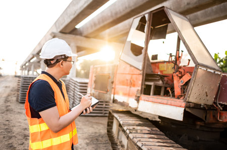 Smart Asian worker man or male civil engineer with protective safety helmet and reflective vest...
