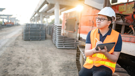 Smart Asian worker man or male civil engineer with protective safety helmet and reflective vest sitting on excavator machine using digital tablet for checking project plan at construction site.の写真素材