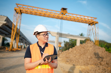 Smart Asian worker man or male civil engineer with protective safety helmet and reflective vest...