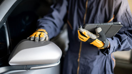 Auto mechanic holding digital tablet checking car wing mirror. Mechanical maintenance engineer working in automotive industry. Automobile servicing and repair conceptの写真素材