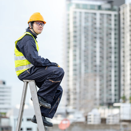 Asian maintenance worker man with safety helmet and green vest sitting on aluminium step ladder at construction site. Civil engineering, Architecture and building service conceptsの写真素材