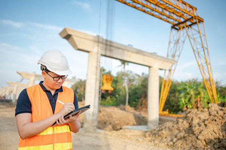 Smart Asian worker man or male civil engineer with protective safety helmet and reflective vest...