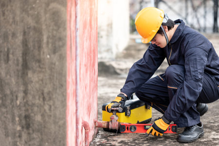 Asian maintenance worker man with red aluminium spirit level and tool box checking valve of old...