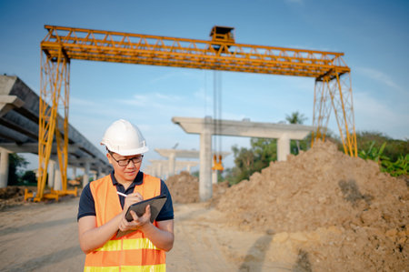 Smart Asian worker man or male civil engineer with protective safety helmet and reflective vest...
