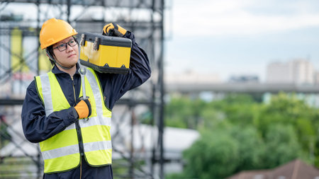 Male Asian mechanic or maintenance worker man wearing protective helmet and reflective vest carrying...