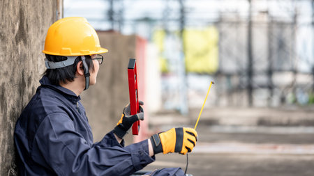 Maintenance worker man or male Asian mechanic wearing protective suit and helmet holding tape...