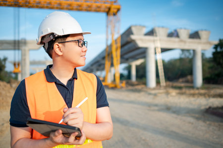 Smart Asian worker man or male civil engineer with protective safety helmet and reflective vest...