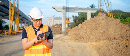 Smart Asian worker man or male civil engineer with protective safety helmet and reflective vest using digital tablet for project planning and checking architectural drawing at construction site.の写真素材