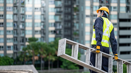 Asian maintenance worker man with safety helmet and green vest carrying aluminium step ladder at...