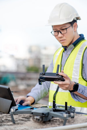 Male worker using drone, remote control and laptop computer at construction site. Unmanned aerial...