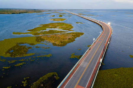 Aerial view of Ekachai Bridge or Chaloem Phrakiat 80 Phansa Bridge. Located in Thale Noi, Connect between Phatthalung and Songkhla province in Thailand.の写真素材