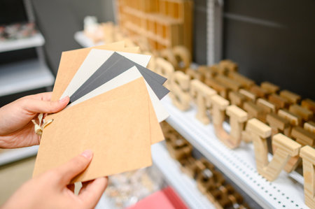 Male hand choosing recycled paper swatch in stationery shop. Paper material selection for design...