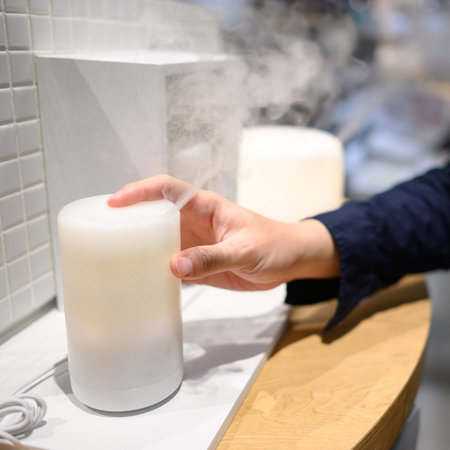 Male hand choosing portable air humidifier purifier in household shop. Buying home decoration...