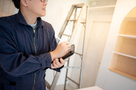 Home renovation or House remodeling concept. Asian male interior construction worker or furniture assembler man using digital tablet checking cabinet installation.の写真素材