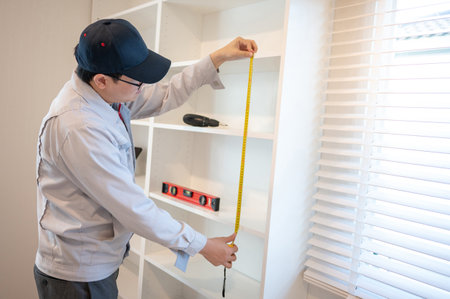 Home renovation or House remodeling concept. Asian male furniture assembler or Interior construction worker man using tape measure installing the new white modern cabinet.の写真素材