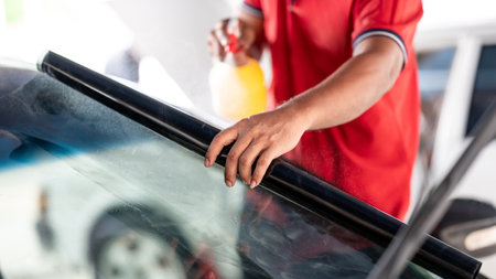 Male auto specialist worker hand spraying soapy solution while rolling car window film on front windscreen glass surface. Car side window film removal and tinting installation.の写真素材