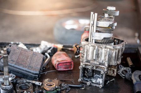 Disassembled car automatic transmission gear part or gearbox on workbench in auto repair shop. Fix...
