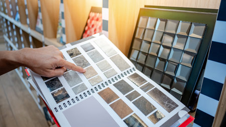 Customer hand pointing at sample of stone tile swatch collection in material catalog. Designer choosing natural texture and pattern for interior architecture design or furniture finishingの写真素材