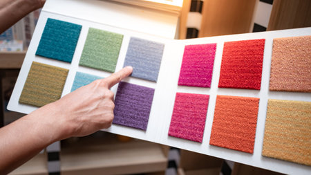 Designer hand pointing at sample fabric pieces on carpet swatch collection. Customer choosing color sample from rug catalog for interior floor finishing material in home design storeの写真素材