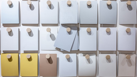 Laminate samples collection in the material library. Furniture finishing decoration and interior architecture design element. Various material choices for designers hanging on wall displayの写真素材