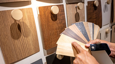 Designer hand pointing at sample of wood laminated from natural collection in material showroom. Choosing wooden veneer texture or MDF board swatch fan set for interior finishing or furniture designの写真素材