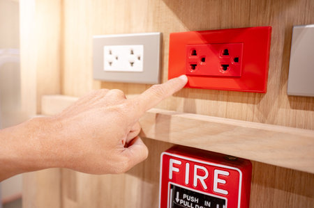 Hand pointing at red electric socket or power plug outlet mounted on wooden wall with a fire alarm switch nearby. Electrical equipment in office building interiorの写真素材