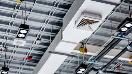 Electrical cable conduits wiring with colorful junction boxes, part of plumbing pipeline and ceiling air vent duct in modern building. Pipe and fitting for power, plumbing and air conditioning systemsの写真素材