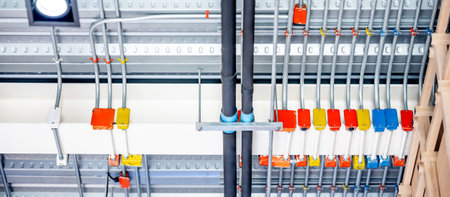 Electrical cable conduit with colorful junction box for the electric wiring system and part of plumbing pipeline on ceiling in modern building. Pipe and fitting equipment for power and plumbing systemの写真素材