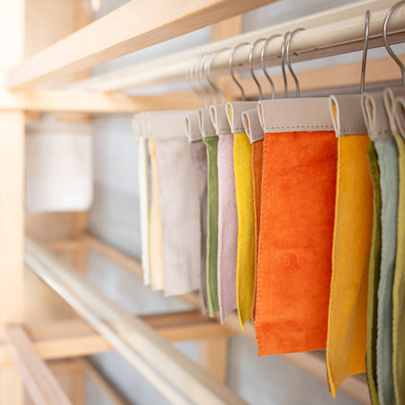 Set of colorful fabric swatch material. Various color and texture upholstery sample collection hanging on wooden showcase rack. Textile industry for home interior design and furniture finishing decorの写真素材