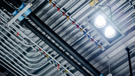Spotlight lamp hanging under electrical cable conduit wiring with colorful junction box and plumbing pipeline on metallic ceiling in modern building. Pipe and fitting for power and plumbing systemの写真素材