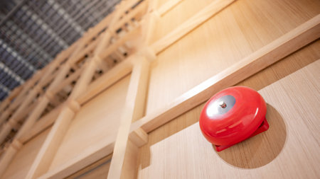 Red fire alarm bell mounted on wooden wall in office interior. Fire warning system equipment for emergency and evacuation in public buildingの写真素材