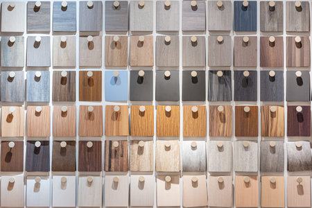 Wooden laminate samples collection in material library. Furniture finishing decoration and interior...