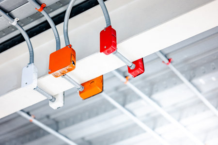 Electrical cable conduit with colorful junction box for electric wiring system on the ceiling in modern building. Pipe and fitting equipment for power systemsの写真素材