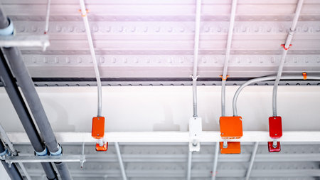Electrical cable conduit with colorful junction box for electric wiring system on the ceiling in modern building. Pipe and fitting equipment for power systemsの写真素材