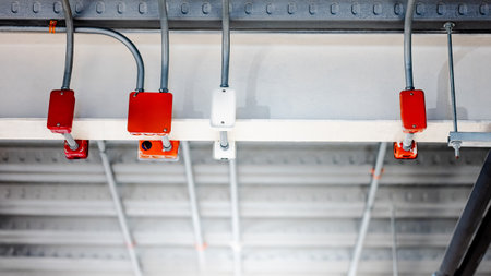 Electrical cable conduit with colorful junction box for electric wiring system on the ceiling in modern building. Pipe and fitting equipment for power systemsの写真素材