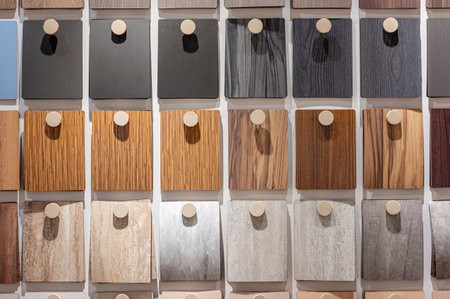 Wooden laminate samples collection in material library. Furniture finishing decoration and interior architecture design element. Various material choices for designers hanging on wall displayの写真素材