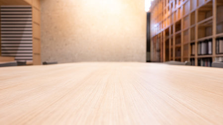 Empty wooden table top with blurred library in the background. Conference table perspective with blank space for design element display and advertising in business or education conceptの写真素材