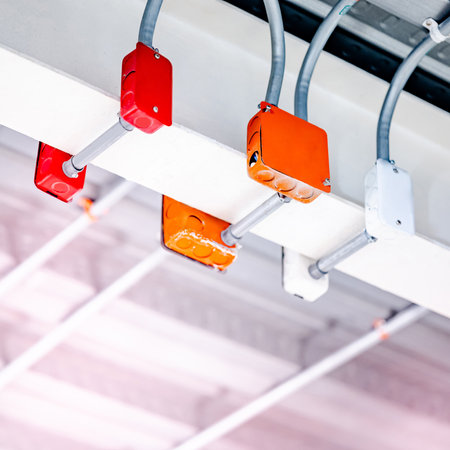 Electrical cable conduit with colorful junction box for electric wiring system on the ceiling in modern building. Pipe and fitting equipment for power systemsの写真素材
