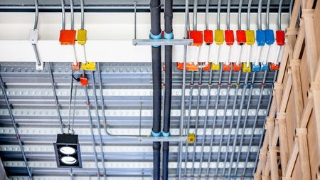 Electrical cable conduit with colorful junction box for the electric wiring system and part of plumbing pipeline on ceiling in modern building. Pipe and fitting equipment for power and plumbing systemの写真素材