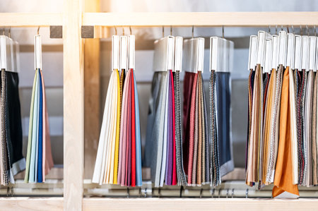 Set of colorful fabric swatch material. Various color and texture upholstery sample collection hanging on wooden showcase rack. Textile industry for home interior design and furniture finishing decorの写真素材