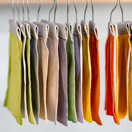 Set of colorful fabric swatch material. Various color and texture upholstery sample collection hanging on showcase rack. Textile industry for home interior design and furniture finishing decorの写真素材