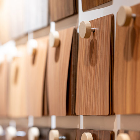 Wooden laminate samples collection in material library. Furniture finishing decoration and interior architecture design element. Various material choices for designers hanging on wall displayの写真素材