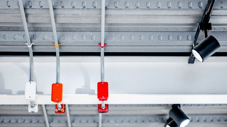 Electrical cable conduit with colorful junction box for the electric wiring system with exhibition lamp on metallic ceiling in modern building. Pipe and fitting equipment for power and lighting systemの写真素材