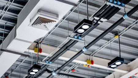 Electrical cable conduits wiring with colorful junction boxes, part of plumbing pipeline and ceiling air vent duct in modern building. Pipe and fitting for power, plumbing and air conditioning systemsの写真素材
